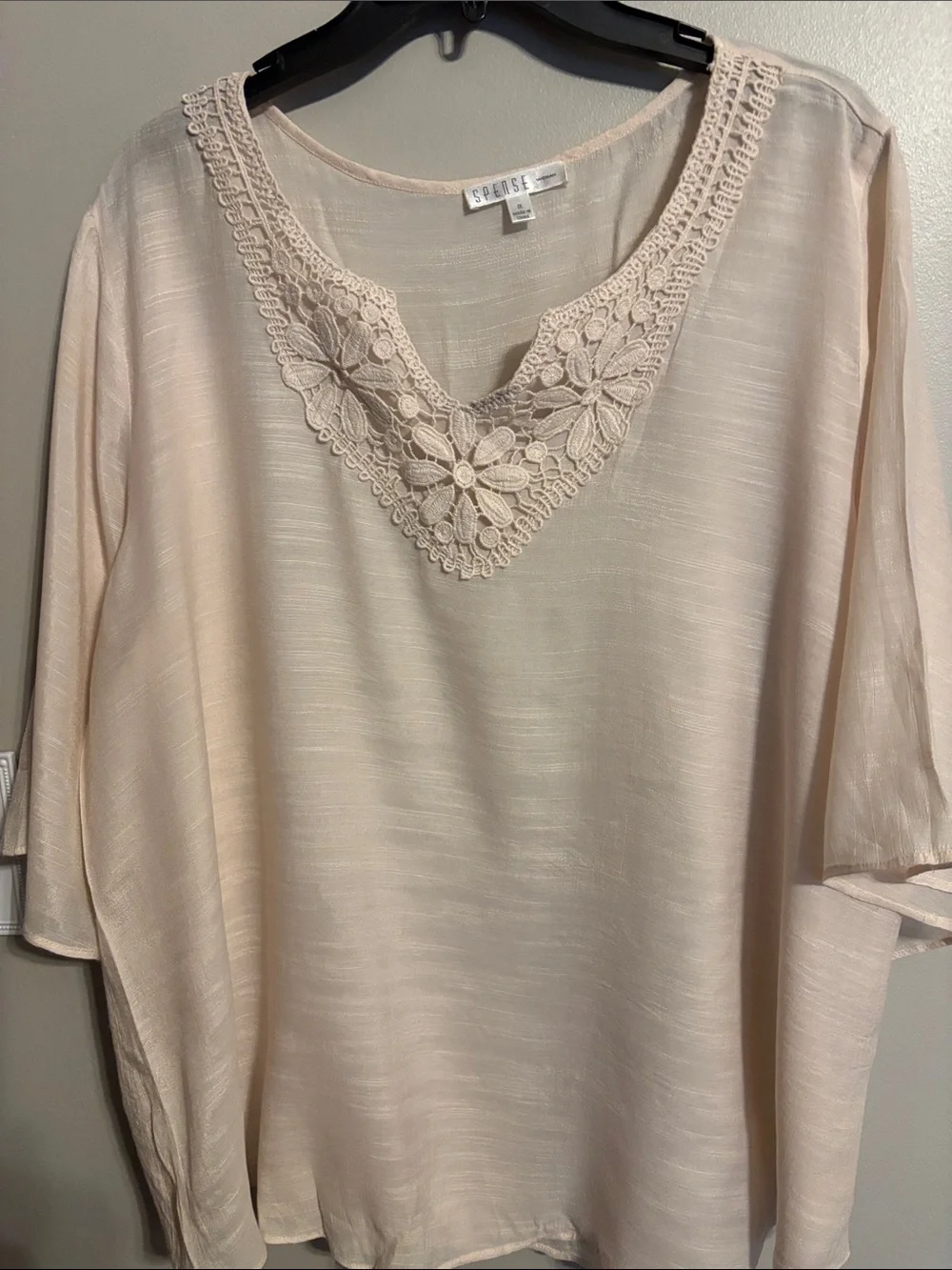 Spense Pale Blush Crochet V-Neck Tunic Top